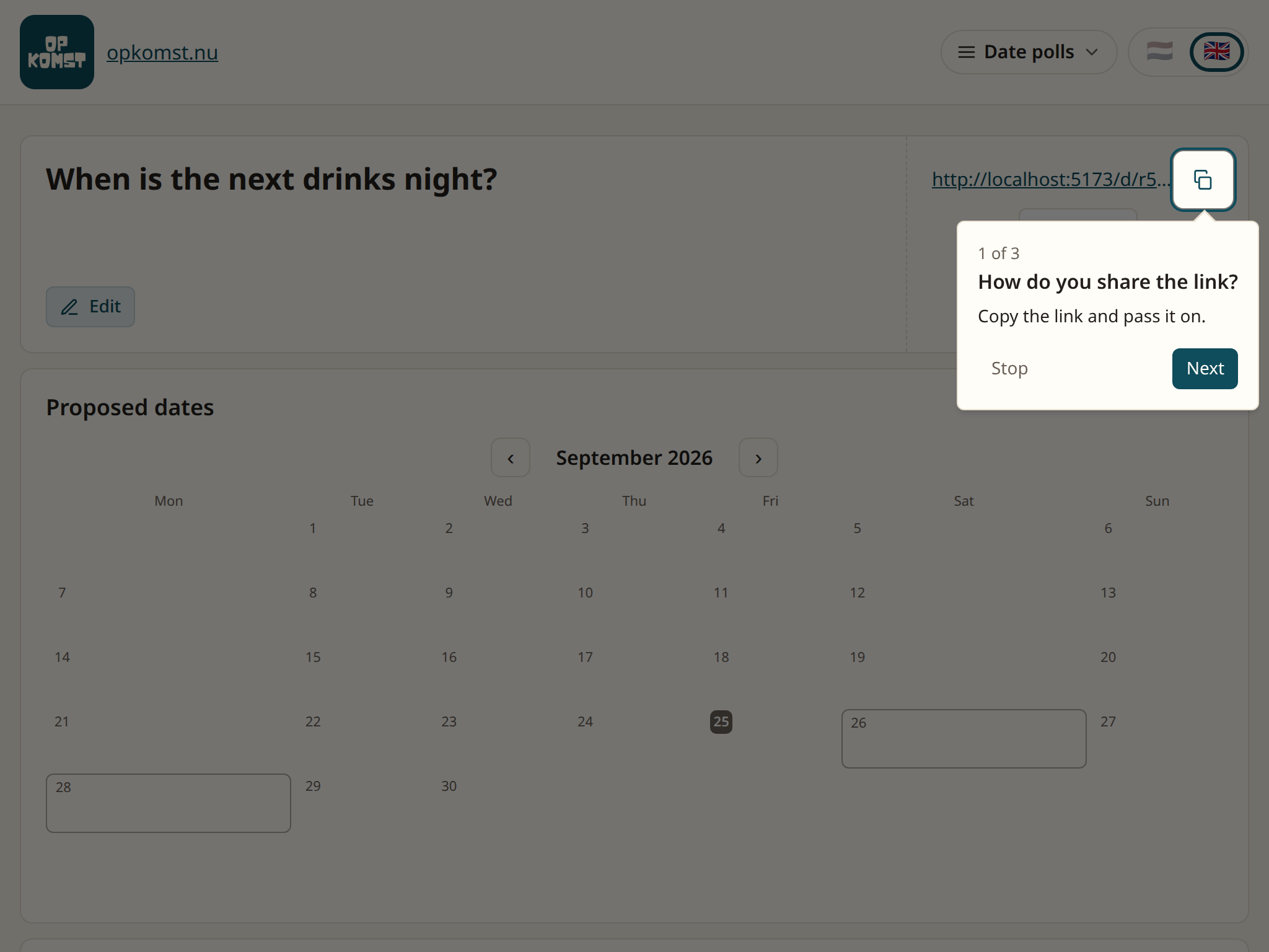 The date poll's page with the link at the top right