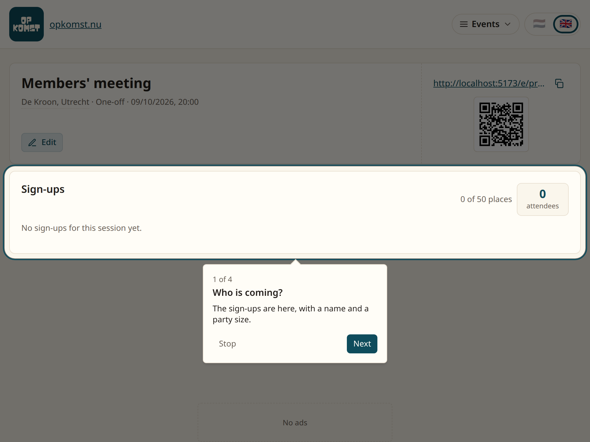 The Sign-ups block on the event's page