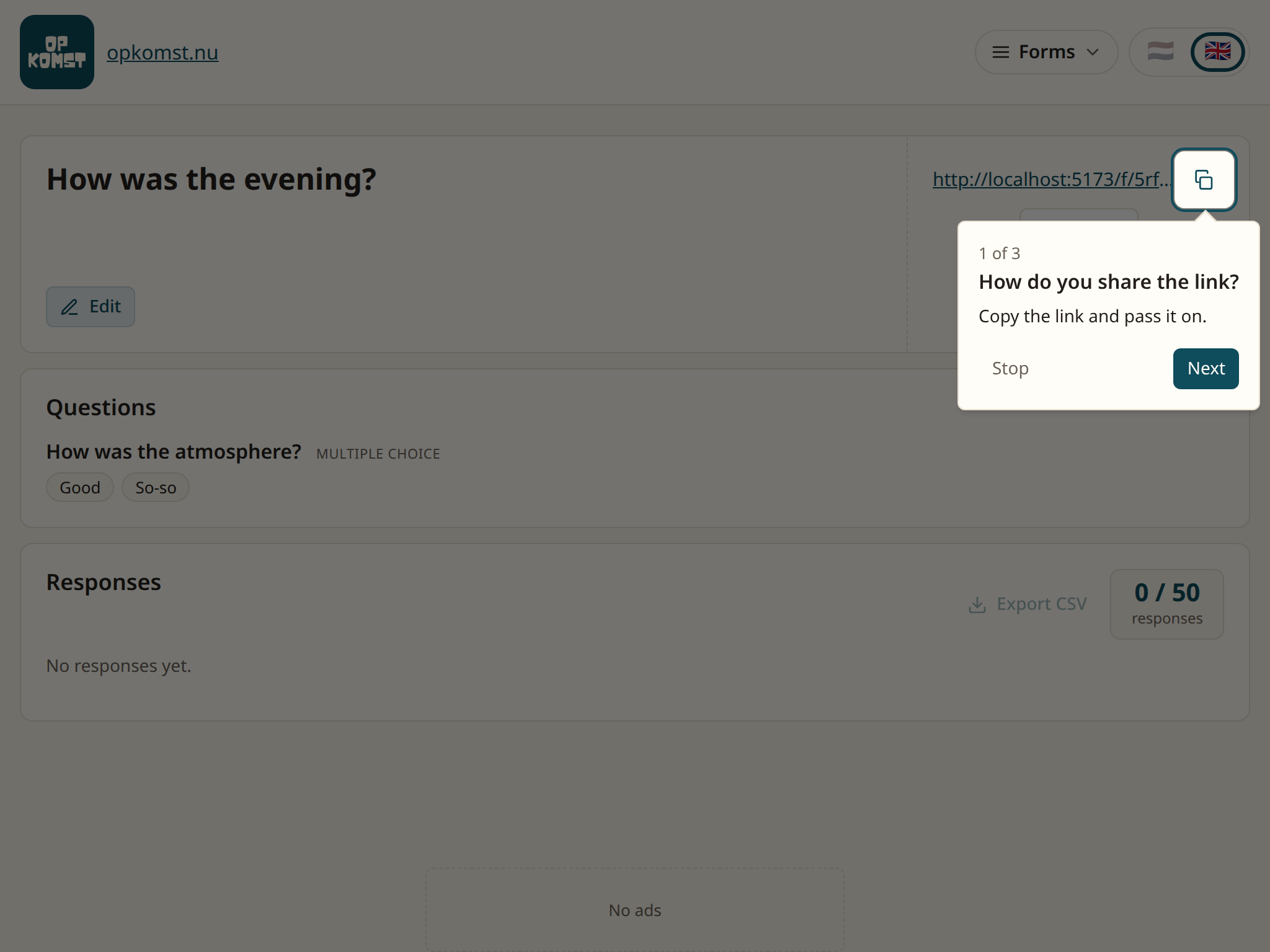 The questionnaire's page with the link at the top right