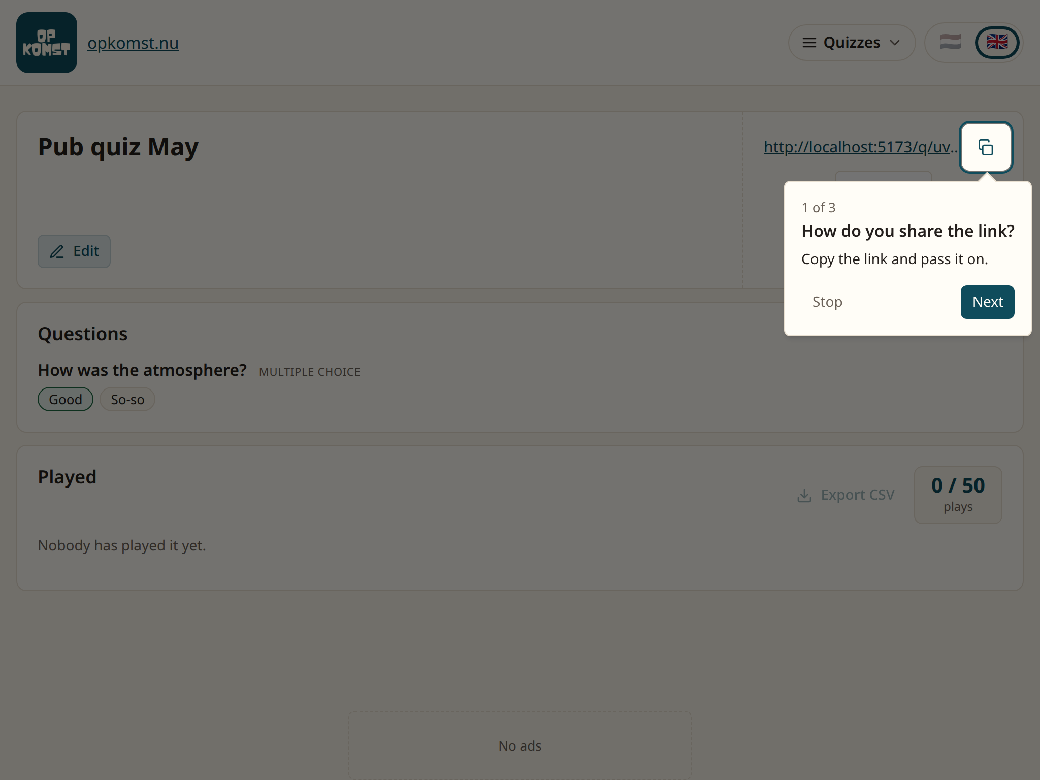 The quiz's page with the link at the top right