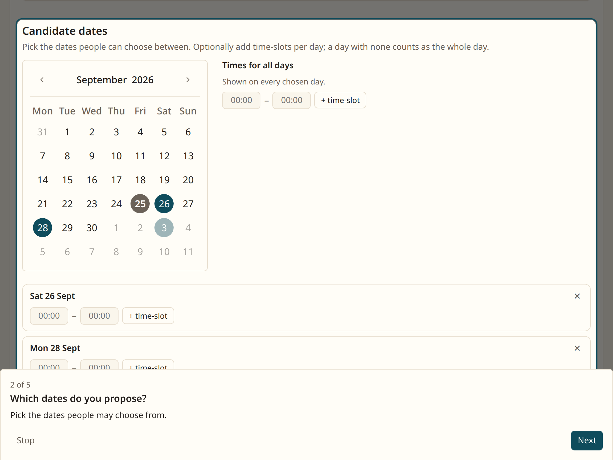 The calendar with the chosen dates