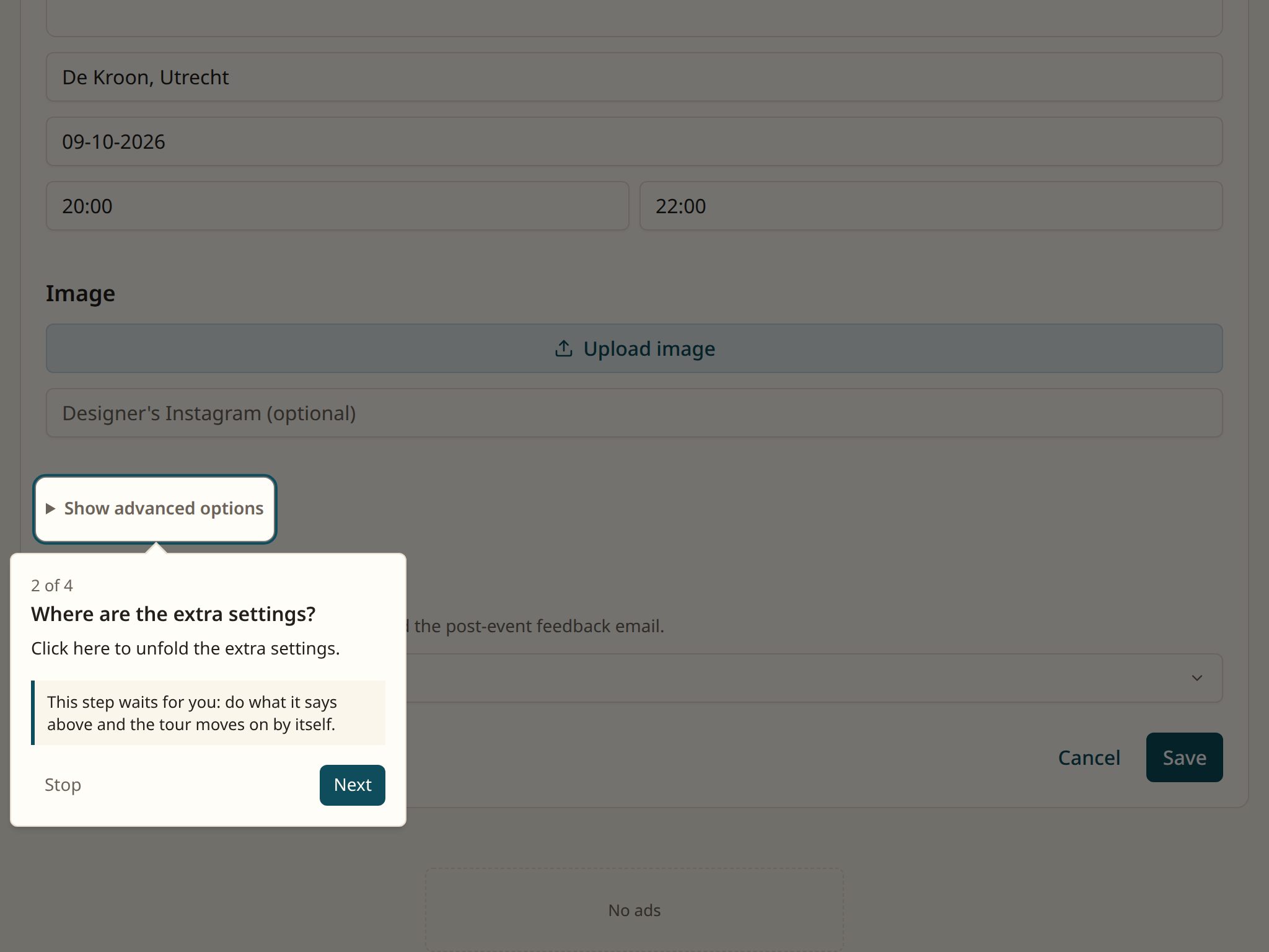 The Show advanced options line under the form
