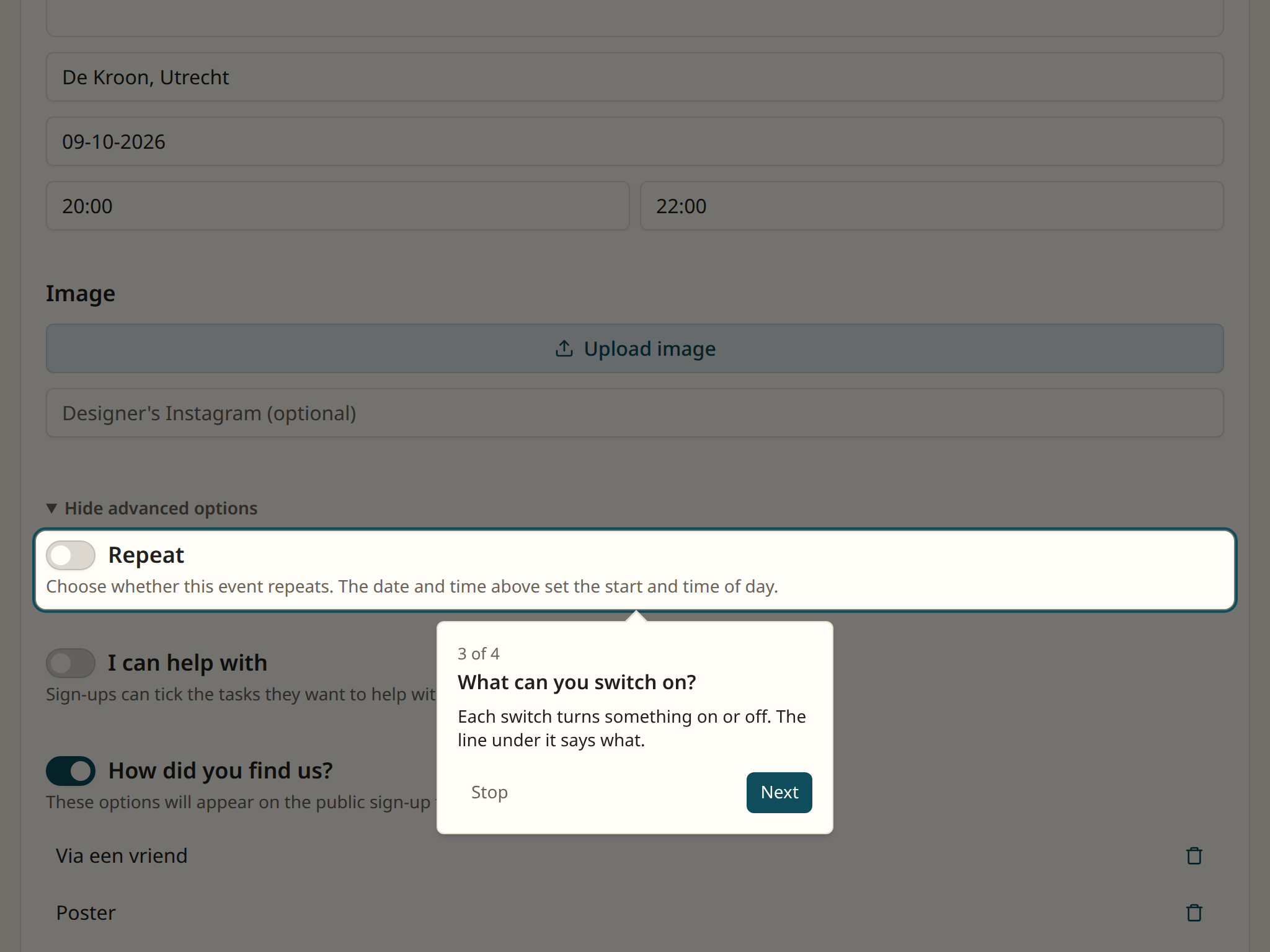 The Repeat switch, at the top of the unfolded options