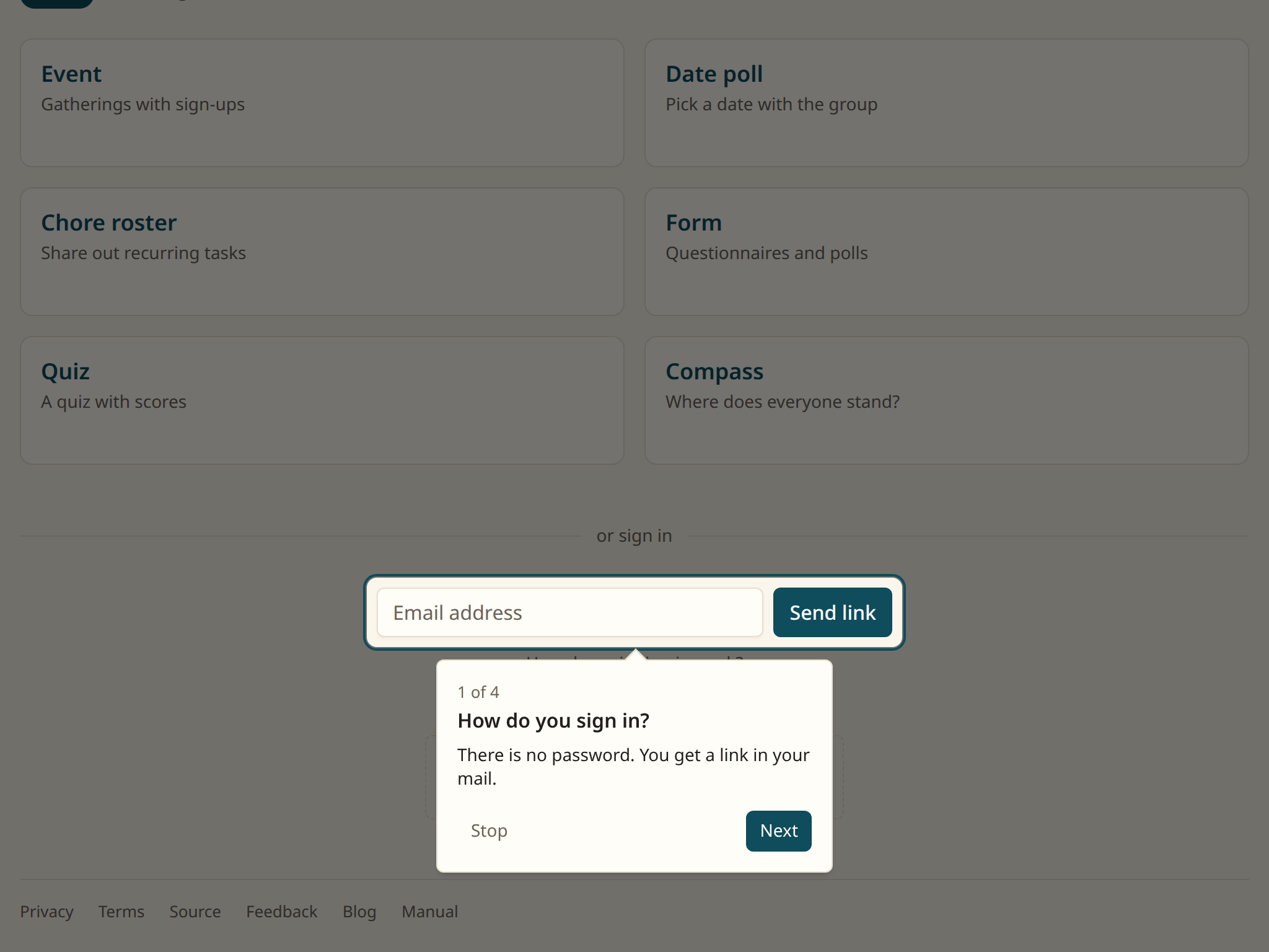 The sign-in form at the bottom of the front page