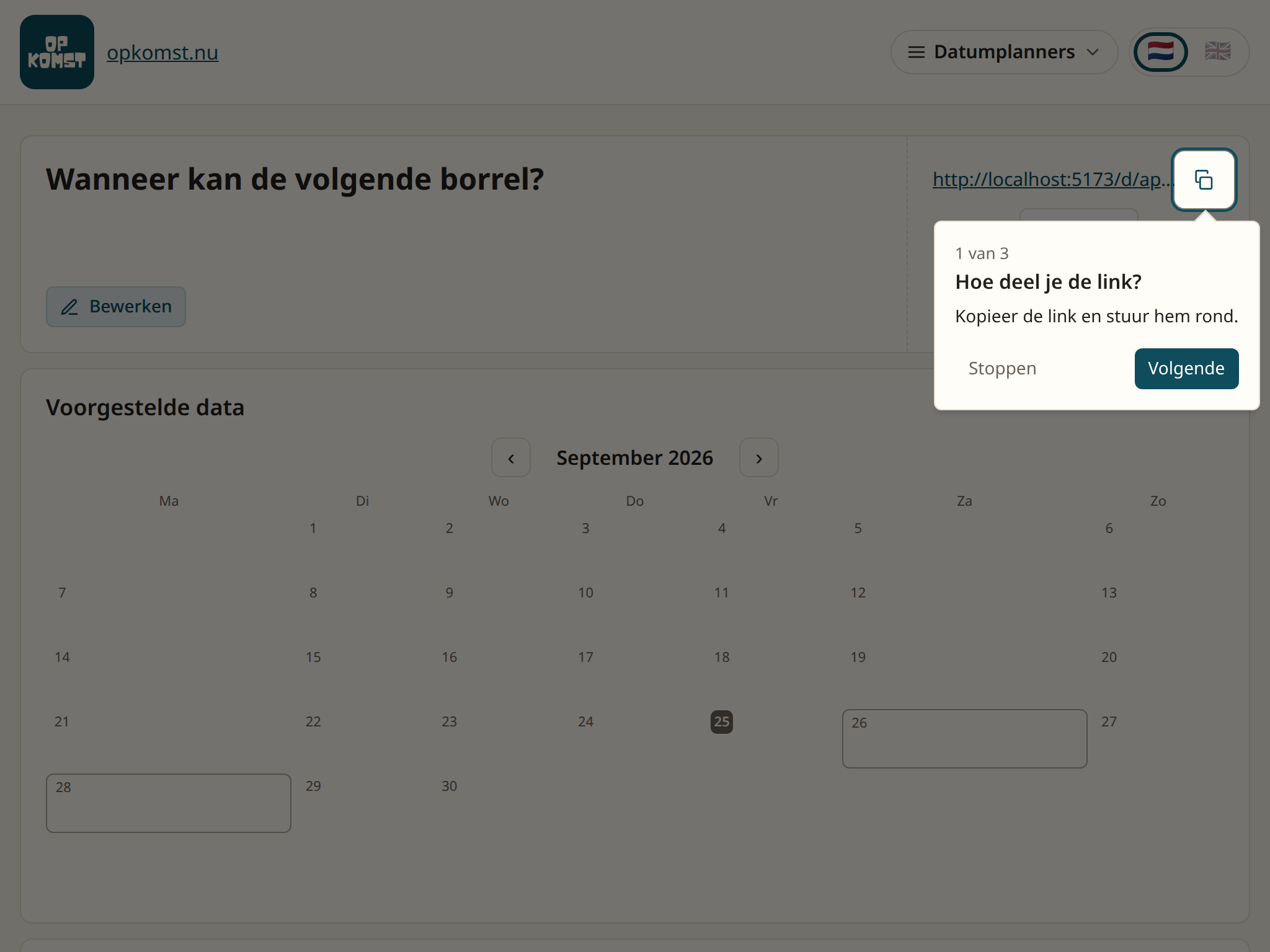 De pagina van de datumplanner met de link rechtsboven