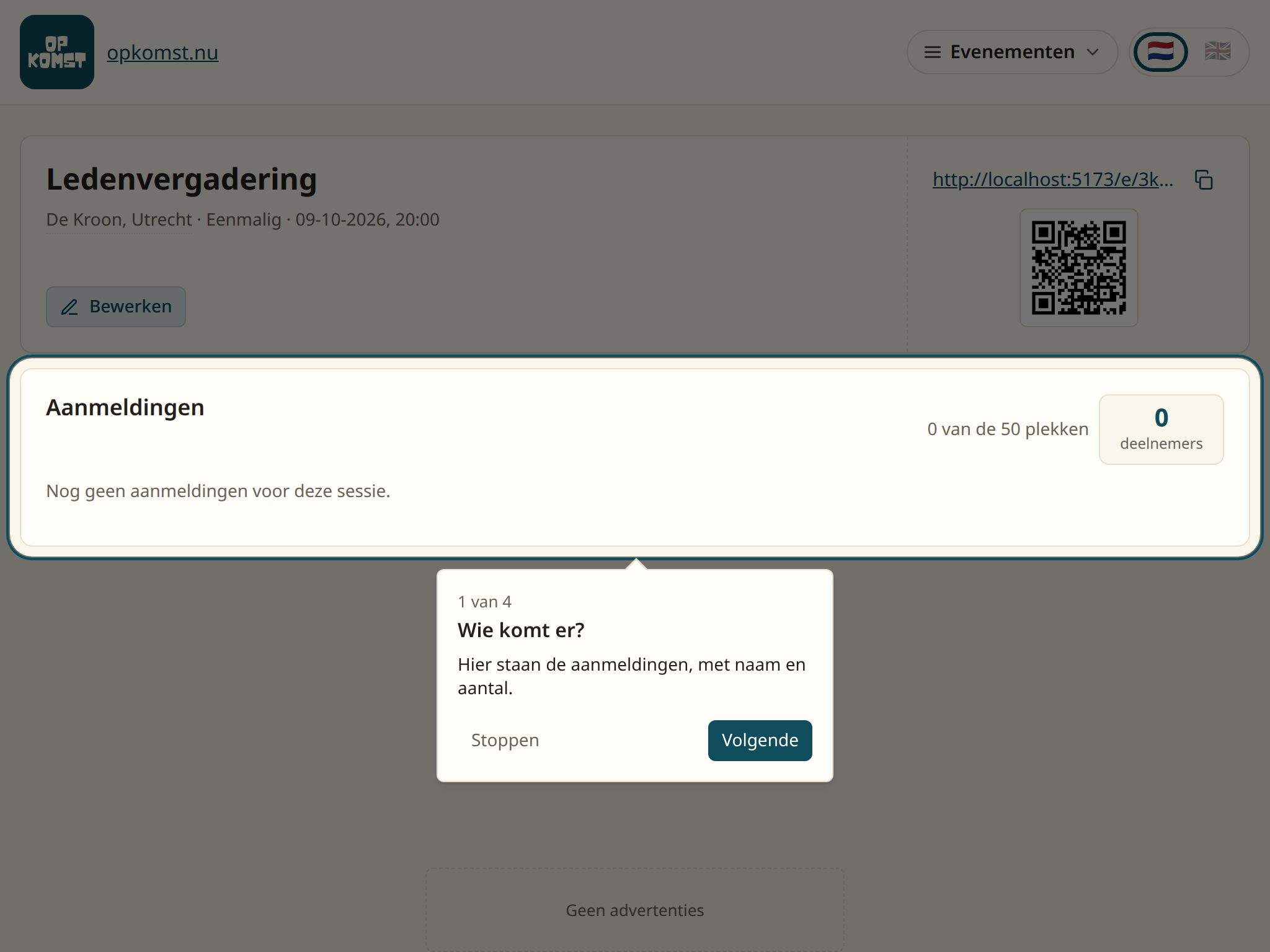 Het blok Aanmeldingen op de pagina van het evenement