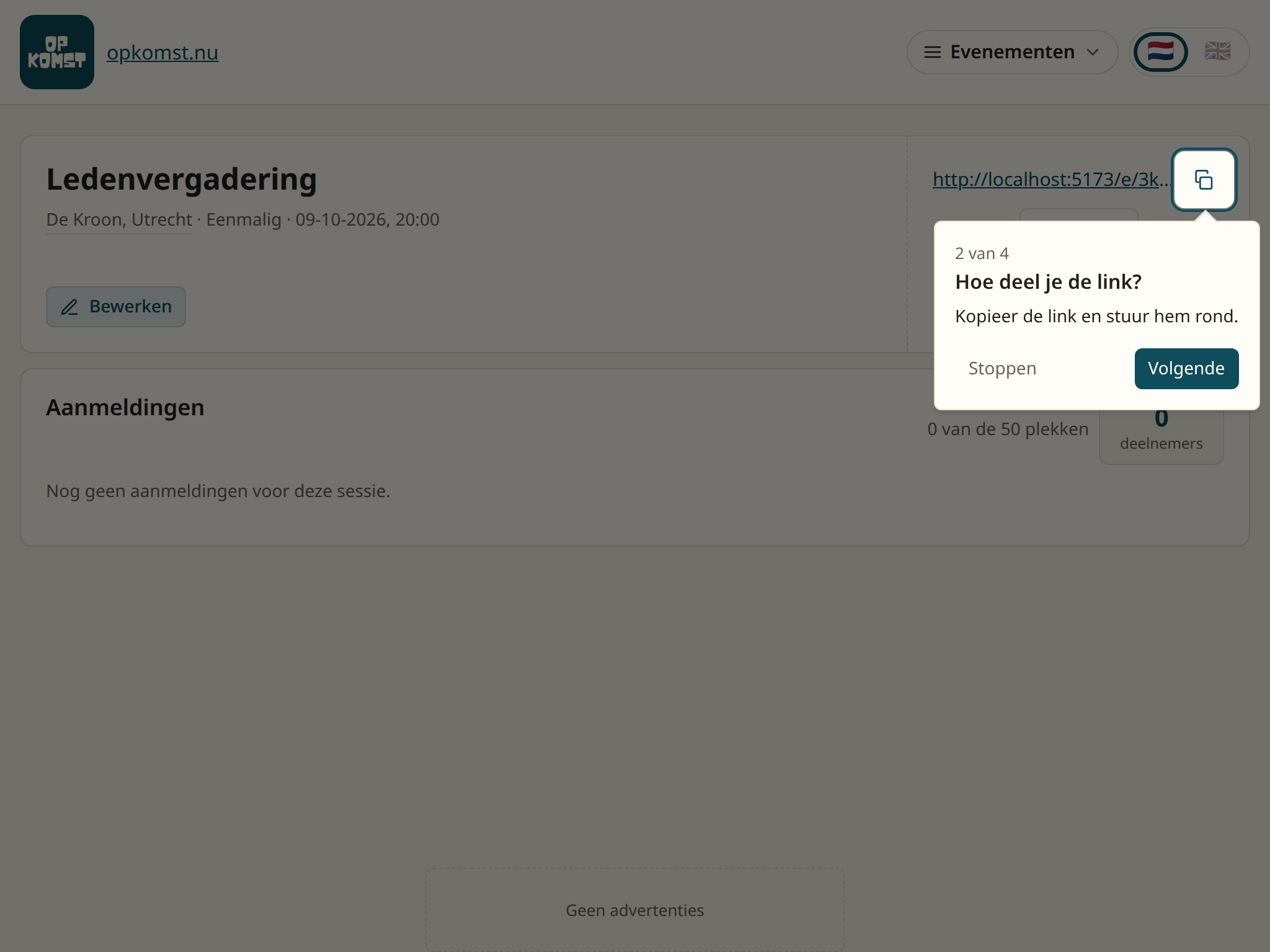 De link rechtsboven op de pagina van het evenement