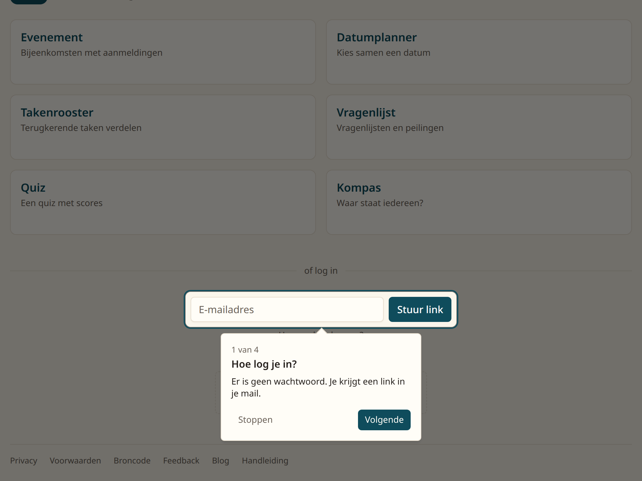 Het inlogformulier onderaan de voorpagina
