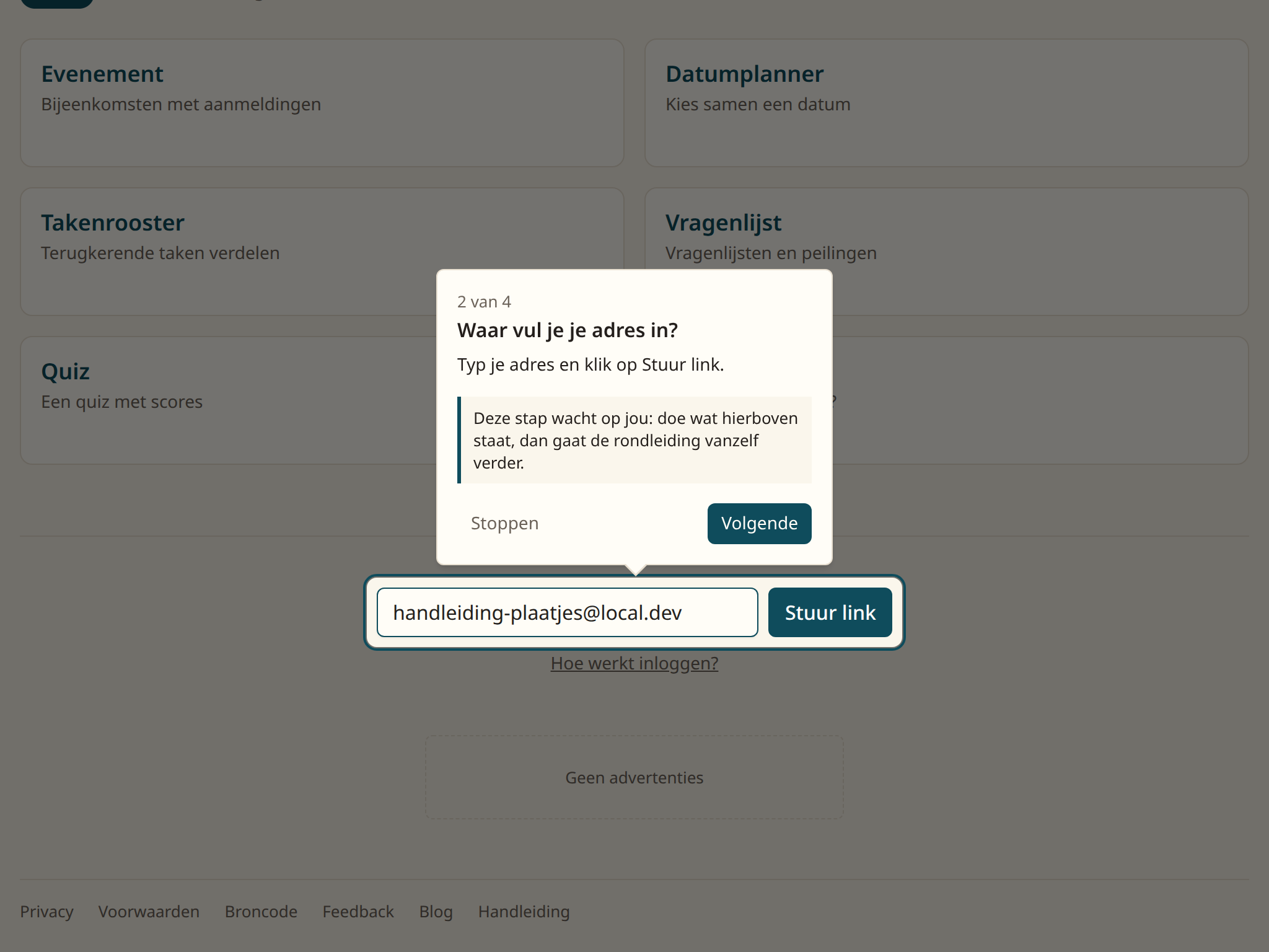 Het adres is ingevuld, de knop Stuur link staat ernaast