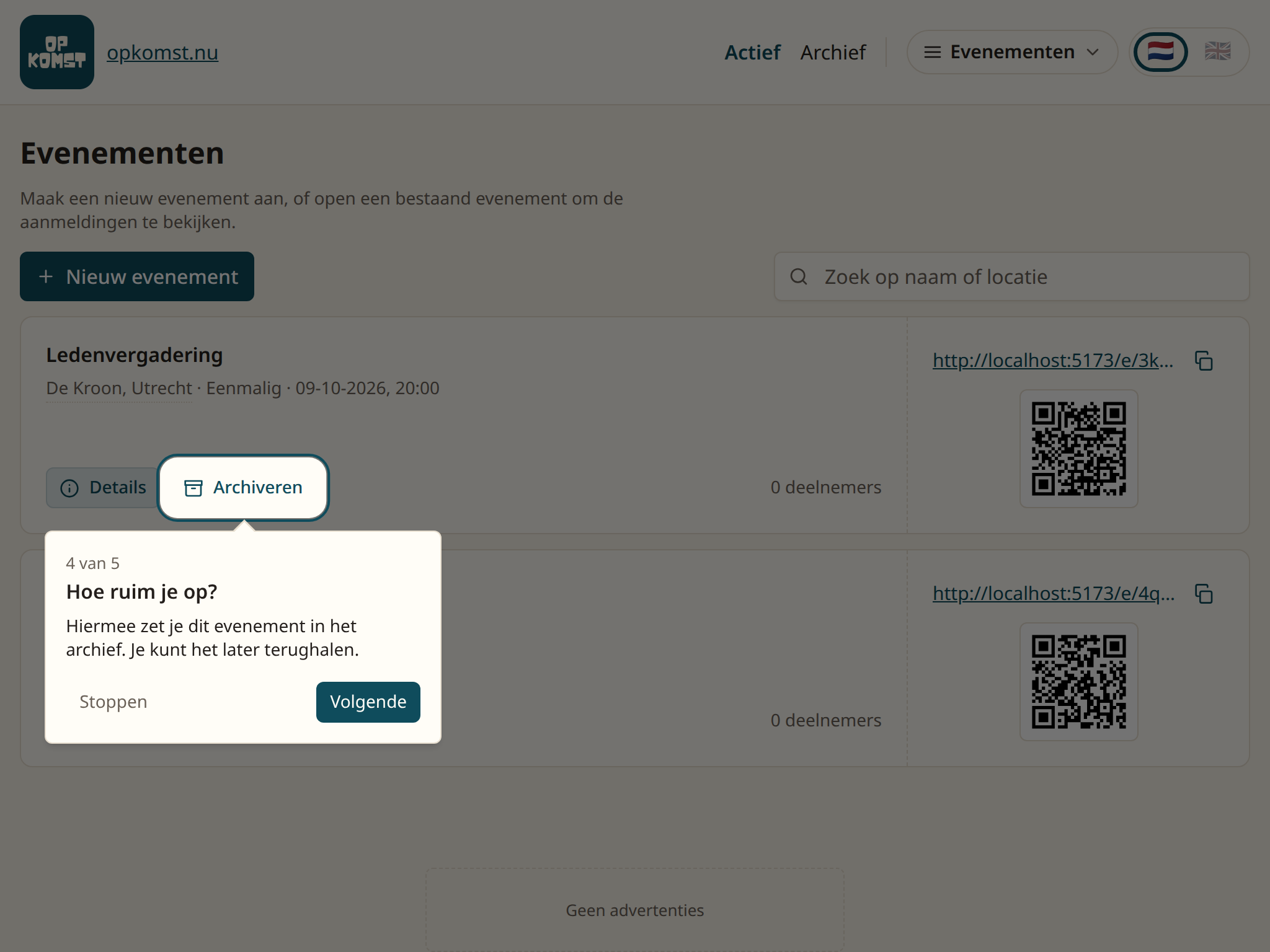 De knop Archiveren bij een evenement in de lijst