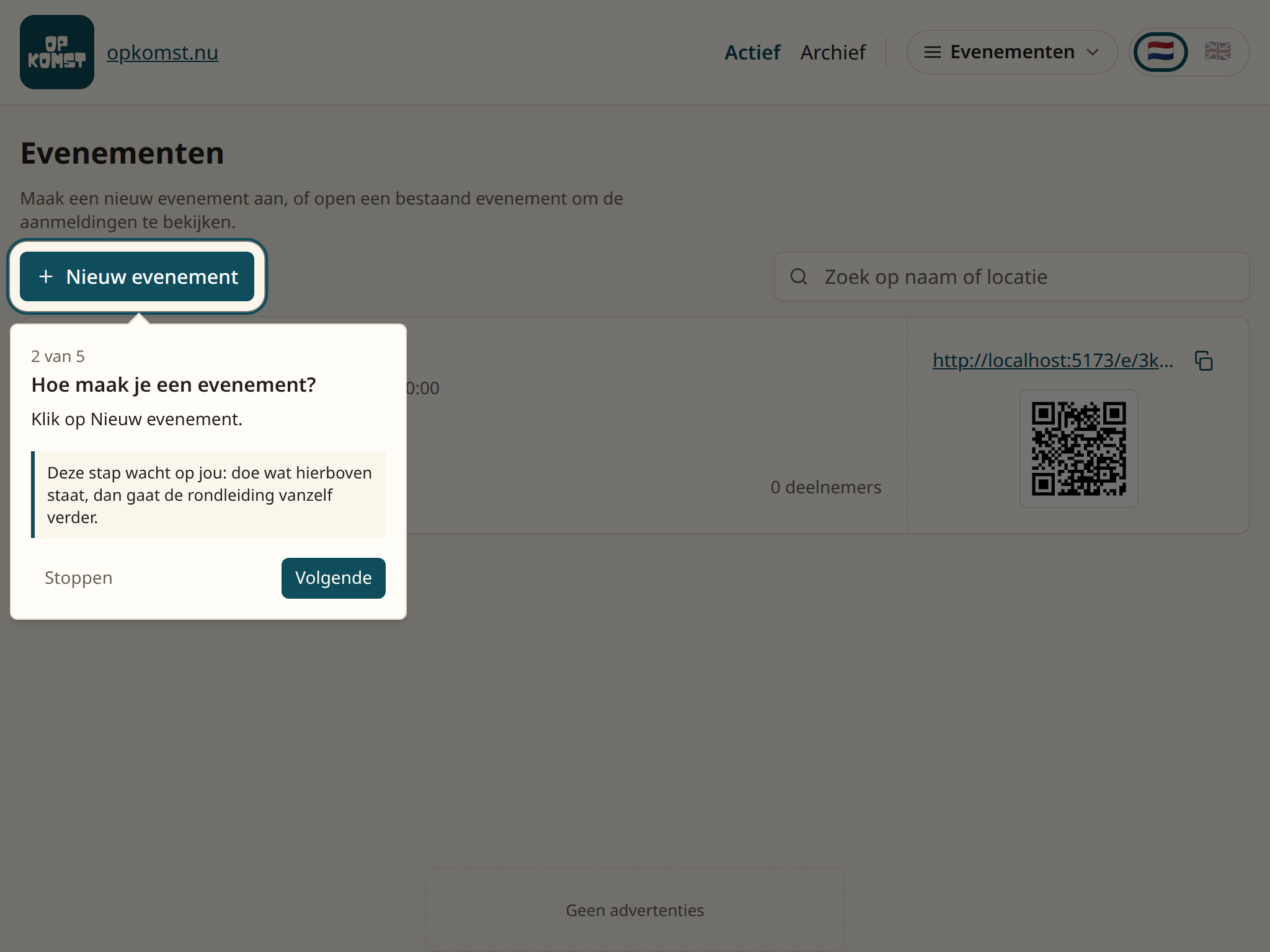 De knop Nieuw evenement boven de lijst