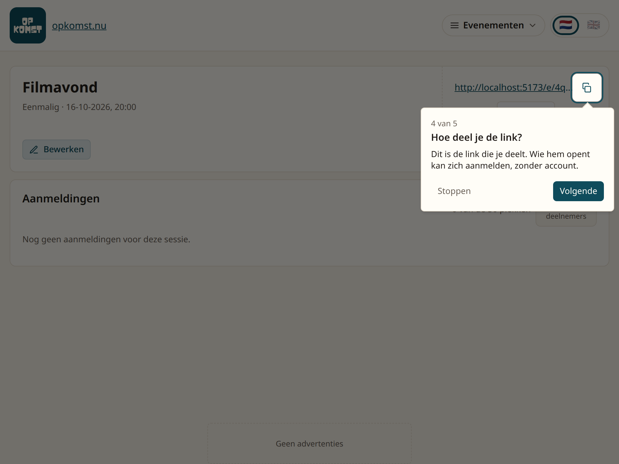 De pagina van het nieuwe evenement, met de link rechtsboven